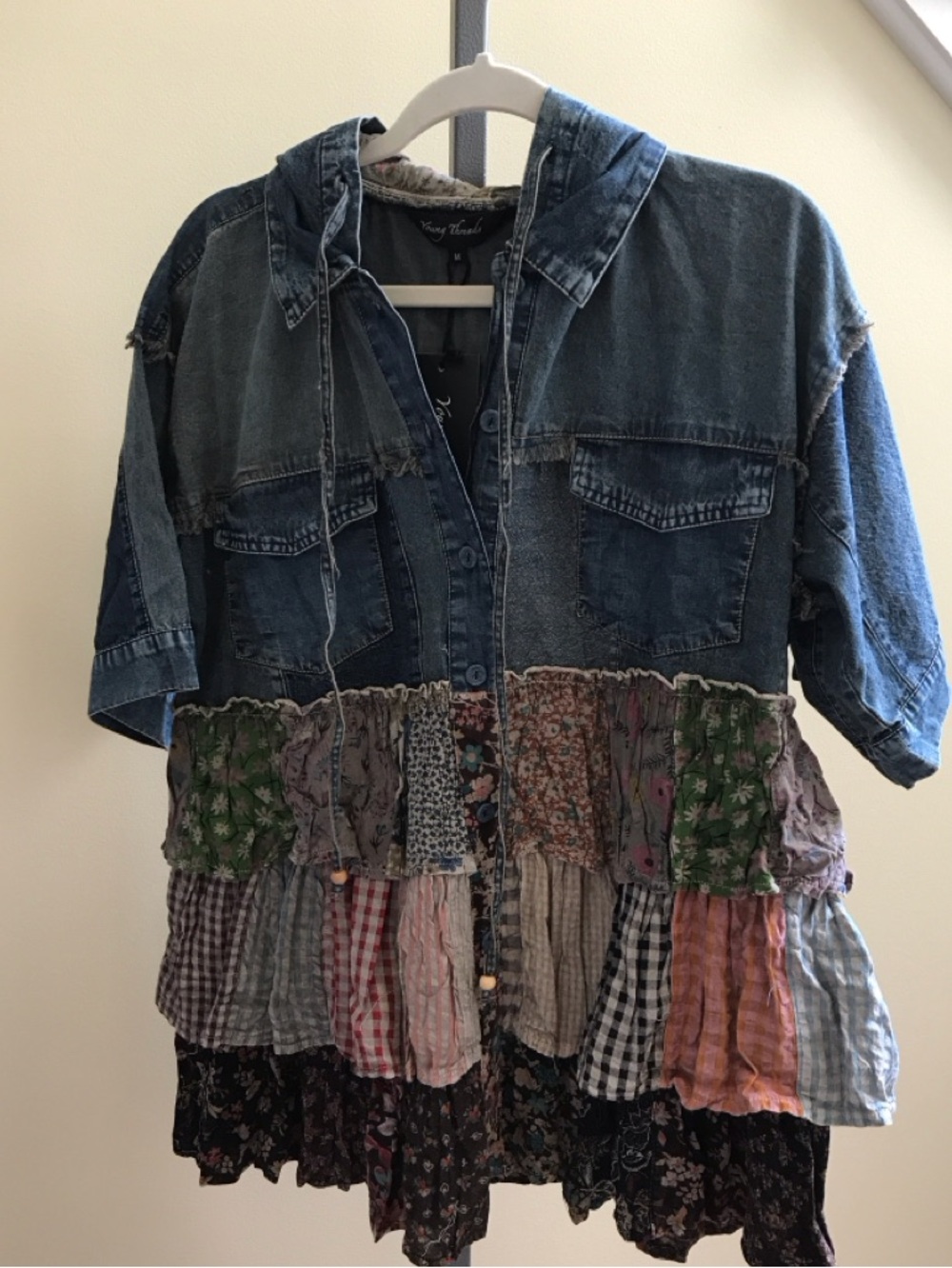 YOUNG THREADS NWT JACKET Denim Plaid Hoodie Button Front Size Medium